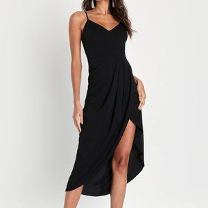 Lulu's Reinette Black V-Neck Black Midi Dress